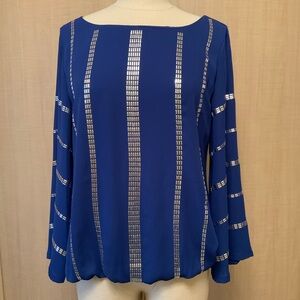 Women's Alfani  Long Sleeve Sequined Royal Blue Bell Sleeve Blouse Size 6